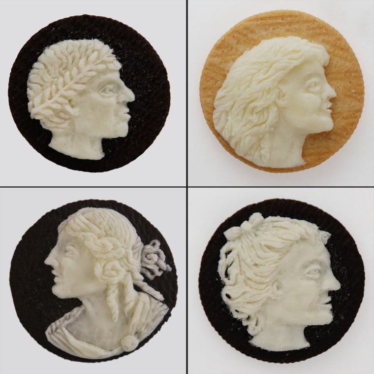 Artist Carves Detailed Oreo Frosting Portraits
Oreo Cameo using both Oreo sandwich cookie and Mini Oreo Bitesize sandwich cookie 2011

http://www.odditycentral.com/pics/artist-carves-detailed-oreo-frosting-portraits.html